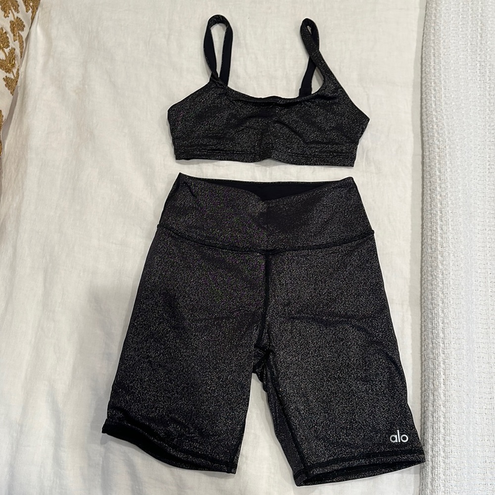 ALO Yoga Shimmering Black Bike Shorts Set